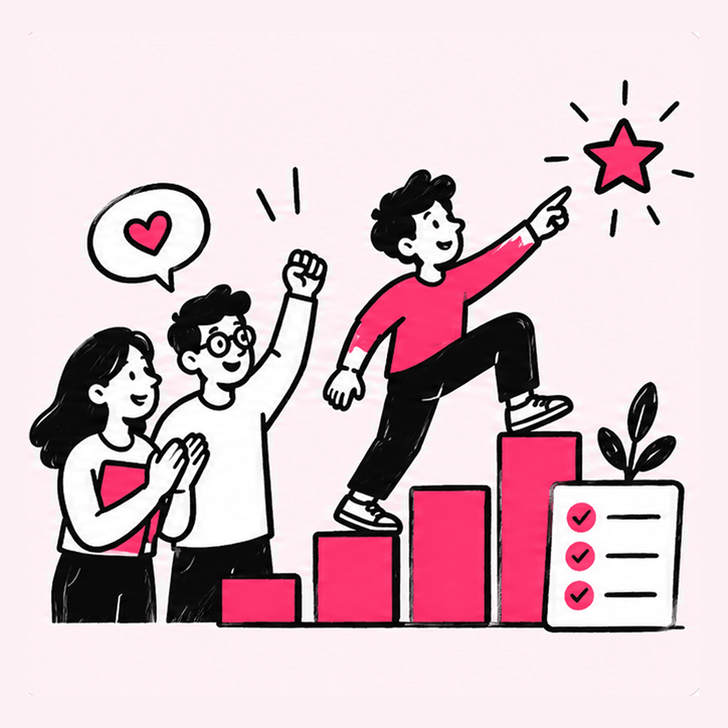Illustration of a team cheering someone climbing a rising bar chart towards a star