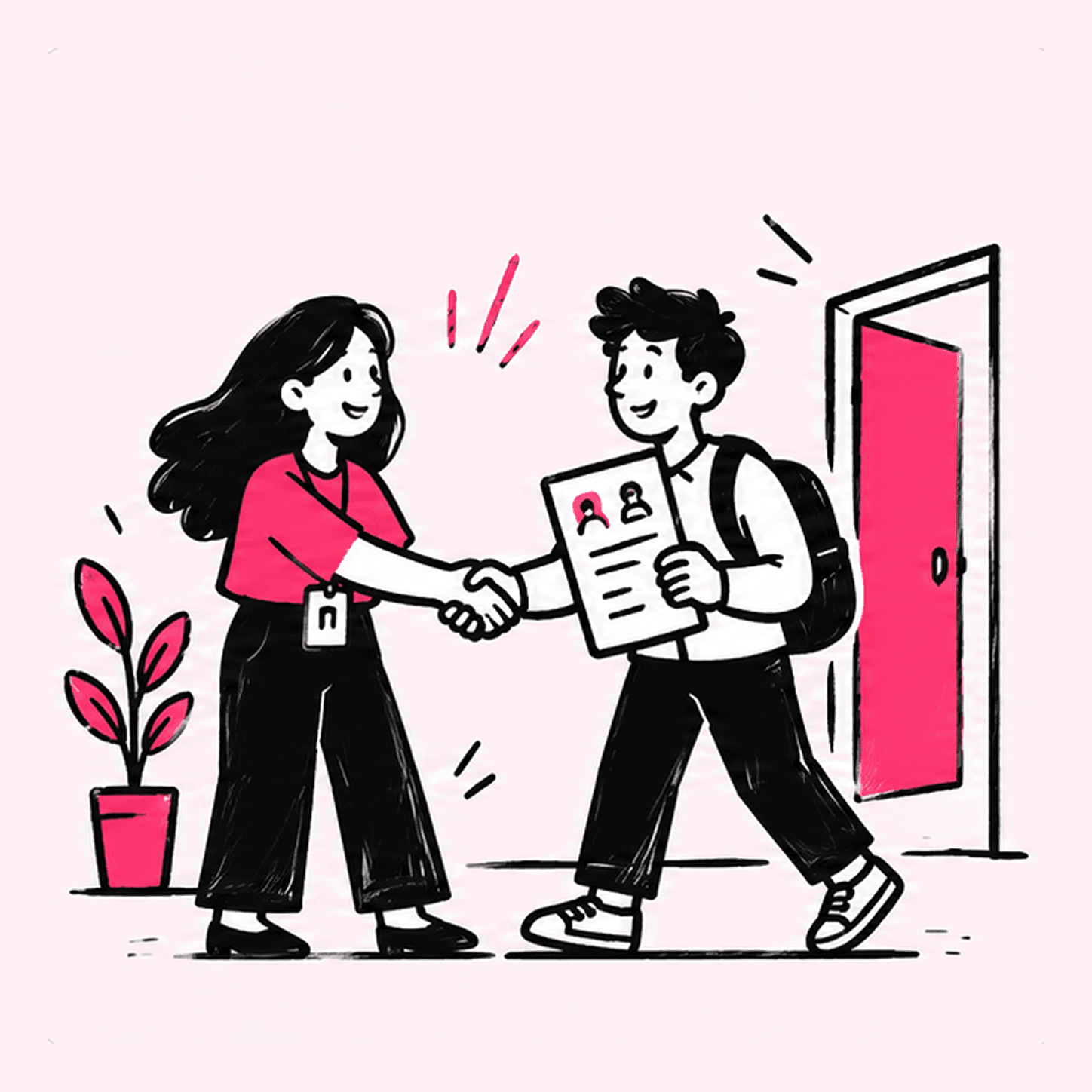 Illustration of a recruiter shaking hands with a new joiner at the door