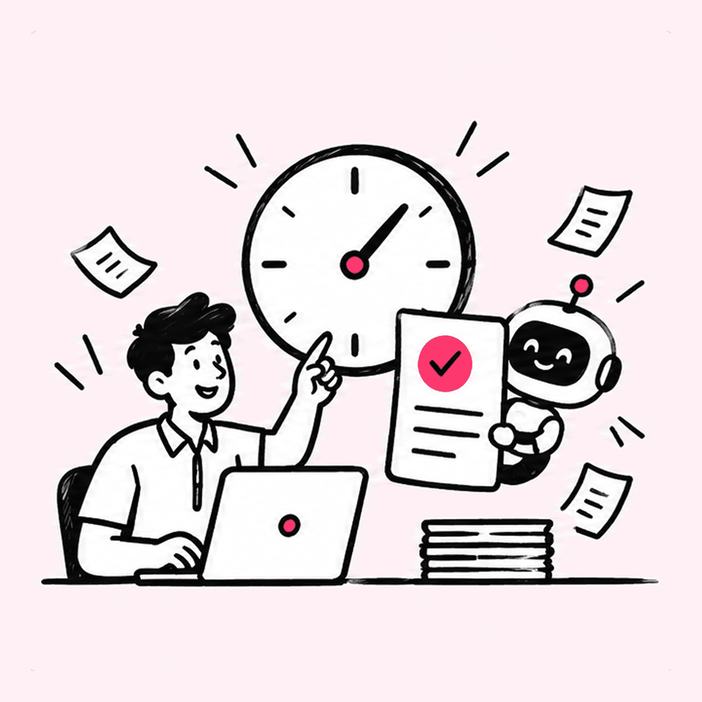 Illustration of an approval clearing on time, with a robot handing over a signed off document