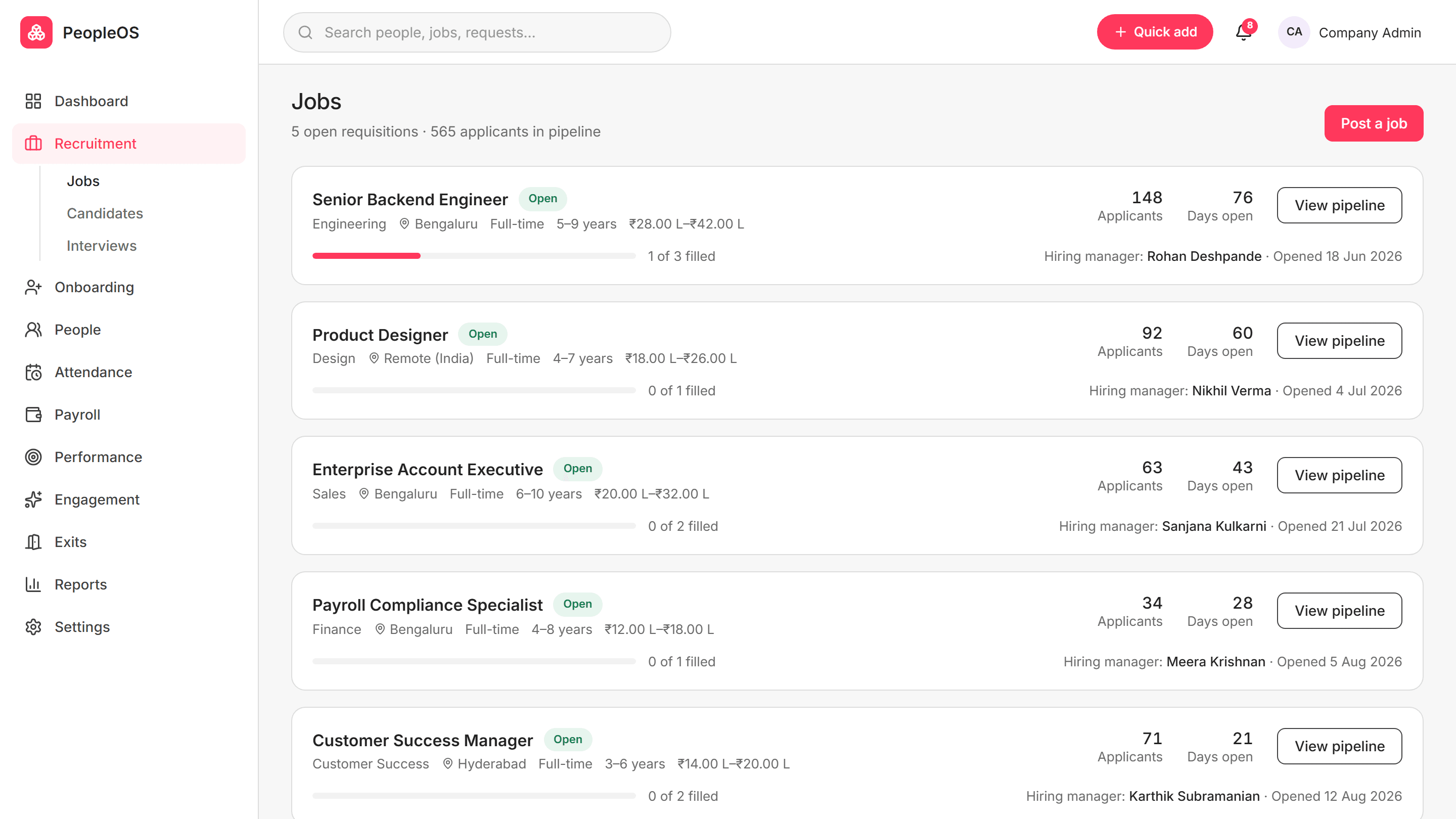 Kiko recruitment board with open requisitions and candidate pipelines