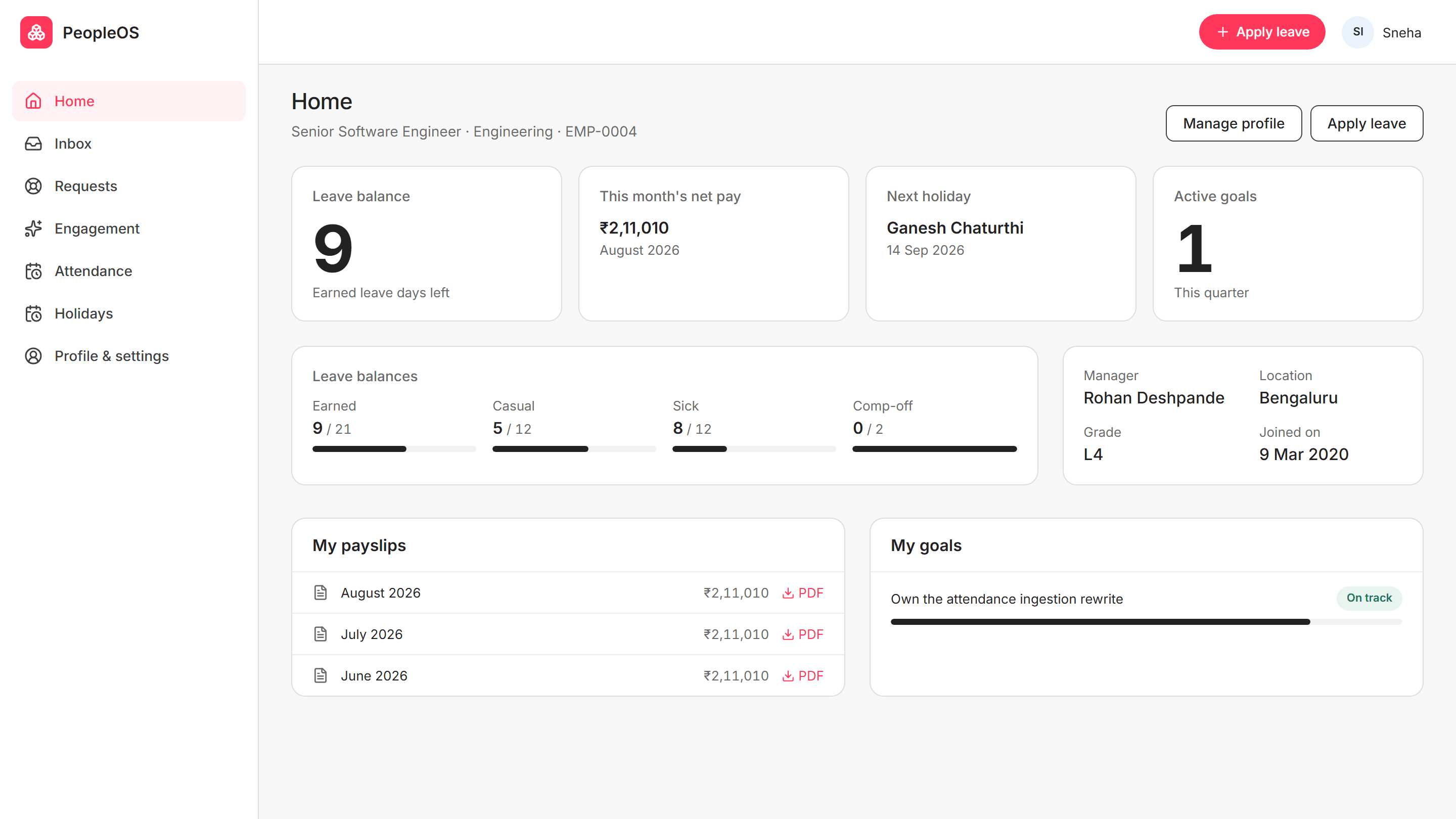 Kiko employee portal home showing leave balance, payslips and goals